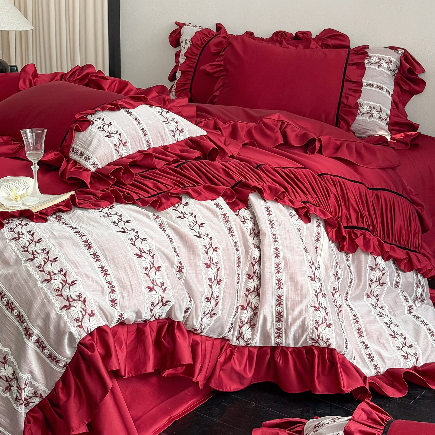 坤花家纺法式浪漫婚庆四件套100S长绒棉红色花卉被套纯棉结婚床品