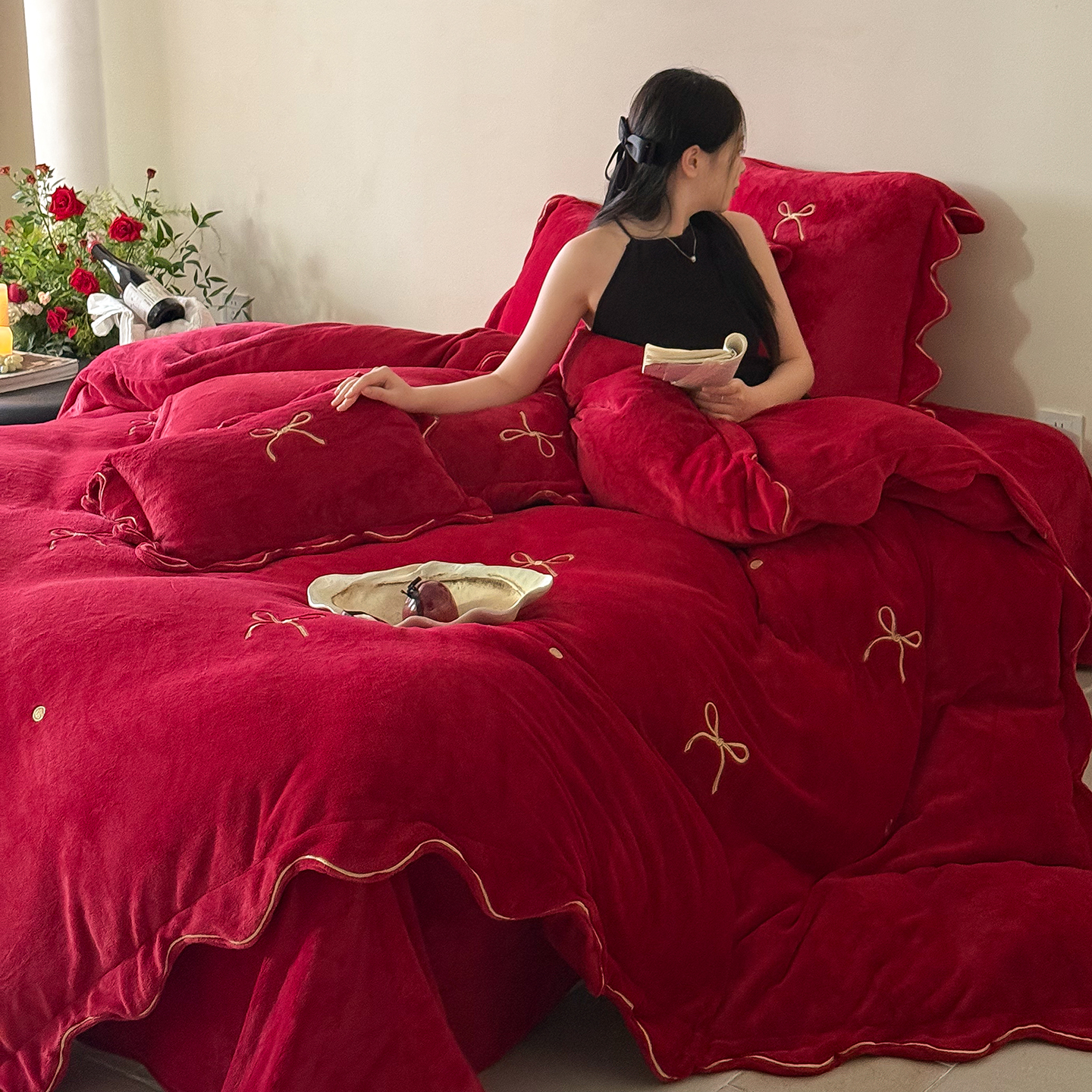 法式浪漫牛奶绒婚庆四件套蝴蝶结被套冬季加厚珊瑚绒红色结婚床品