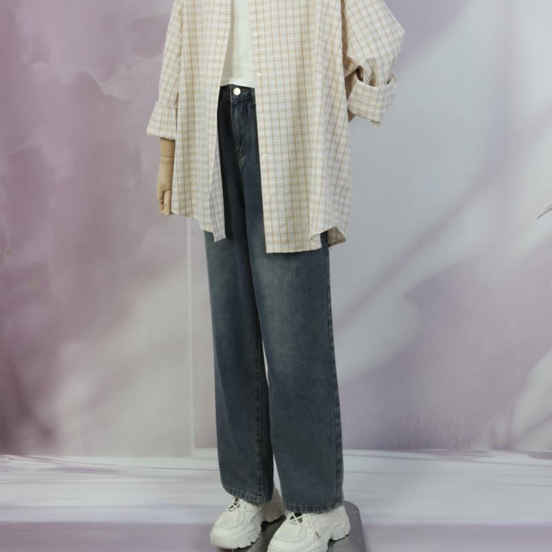 夏秋复古高腰直筒宽松牛仔长裤