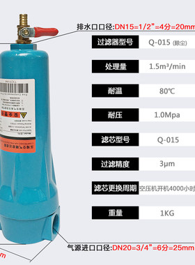 015精密过滤器 QPS海洛斯压缩空气过滤器 冷干机过滤器 除水除油
