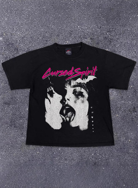 2025新款克重磅纯棉美式overs暗黑系舌吻印花情侣女宽松短袖T恤男