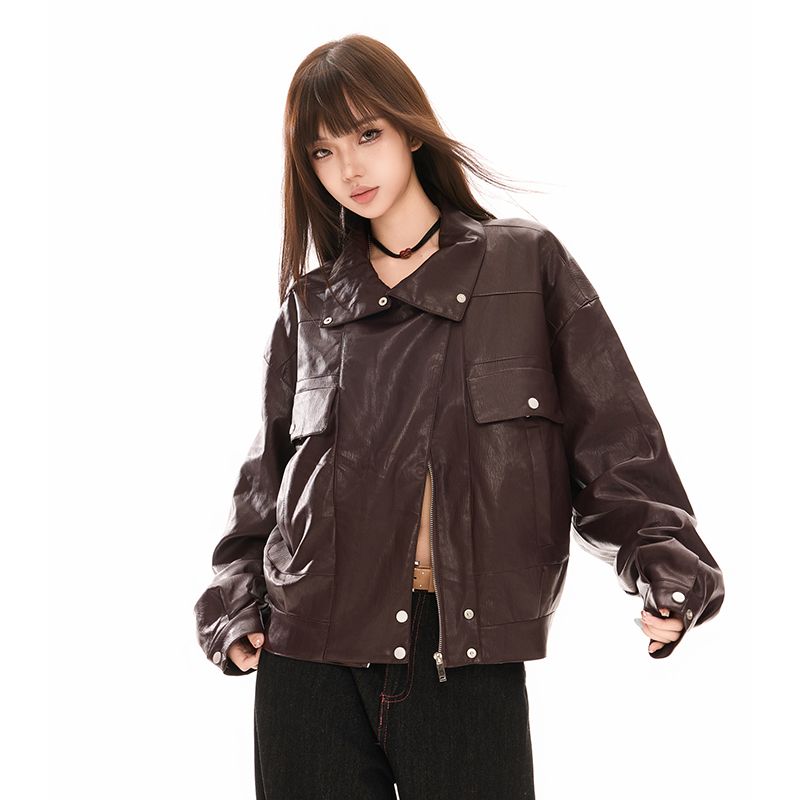 美式复古飞行员皮衣夹克女春秋款美拉德棕色酷飒风翻领pu外套女潮