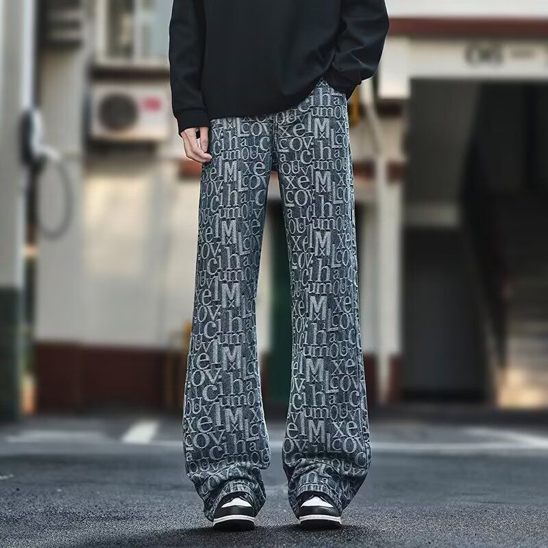 复古字母提花弯刀牛仔裤男款潮牌cleanfit美式高街直筒微喇休闲裤