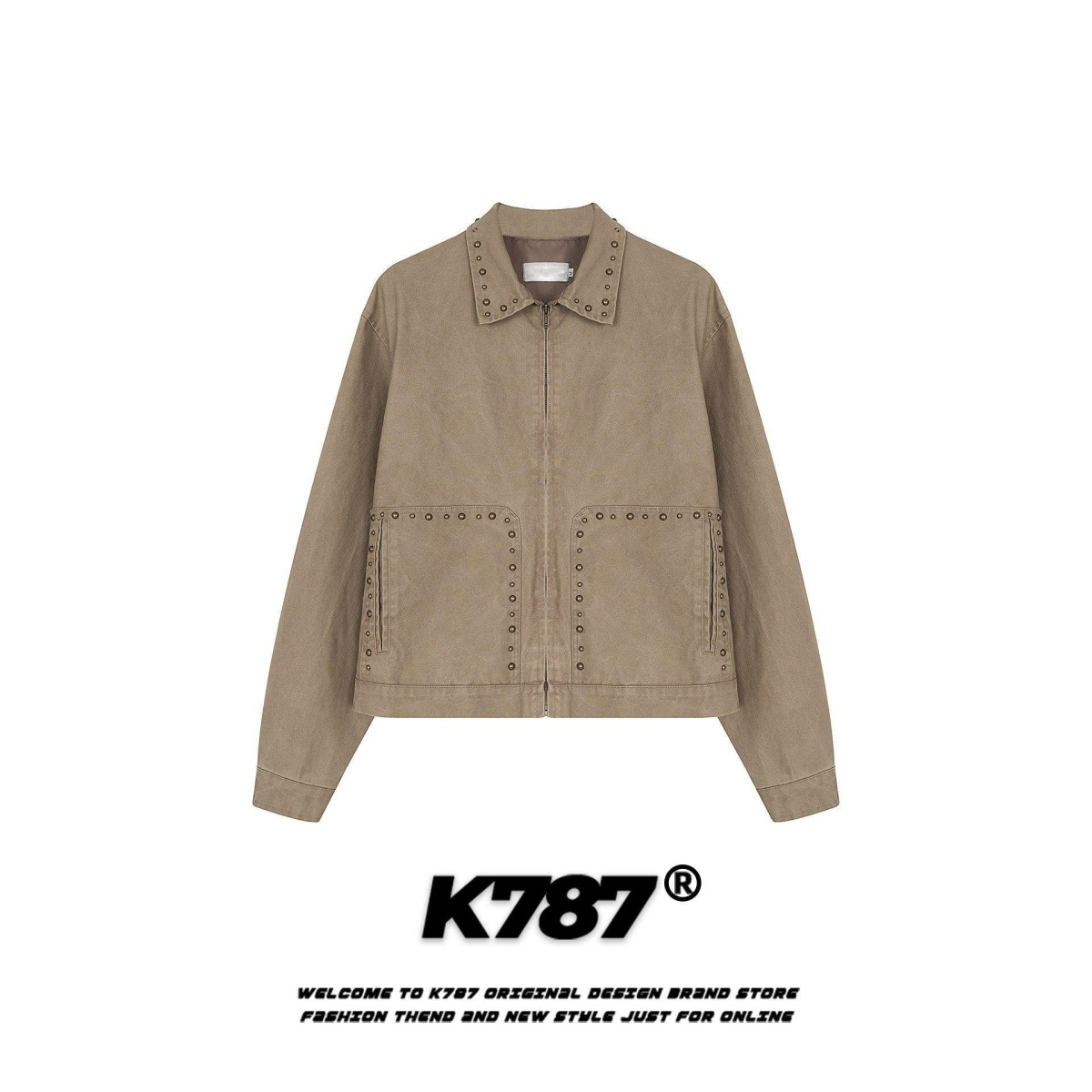 K787美式复古铆钉装饰翻领夹克男女宽松廓形休闲潮牌情侣拉链外套,男装,牛仔外套,淘宝优惠券,粉丝福利购,淘宝优惠卷