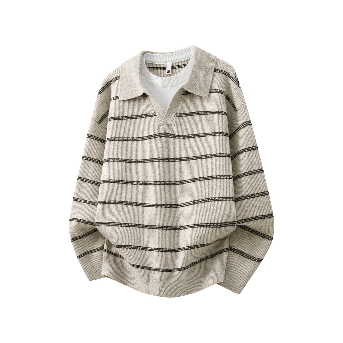 毛衣男秋冬复古撞色条纹polo领针织衫上衣假两件v领潮流休闲毛衫