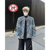 上衣男 小众复古重磅流苏毛边垫肩机车夹克外套设计感短款 新款 美式