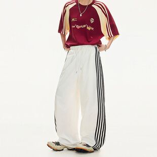 夏季薄款高腰阔腿裤女宽松新款直筒爵士舞条纹休闲运动裤子男简约