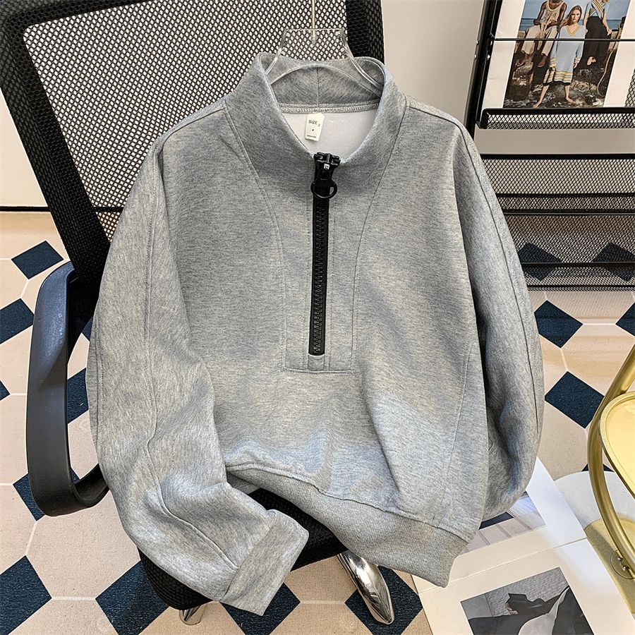 秋季卫衣男款休闲宽松重磅打底衫2025新款潮半拉链立领浅灰色上衣