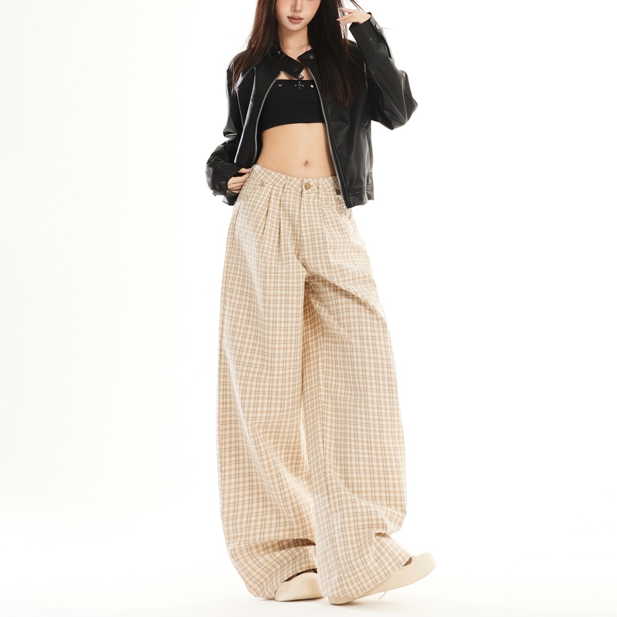 棕色格纹休闲阔腿裤女春秋新款复古英伦风垂感宽松显瘦拖地裤男潮,女装/女士精品,休闲裤,淘宝优惠券,粉丝福利购,淘宝优惠卷