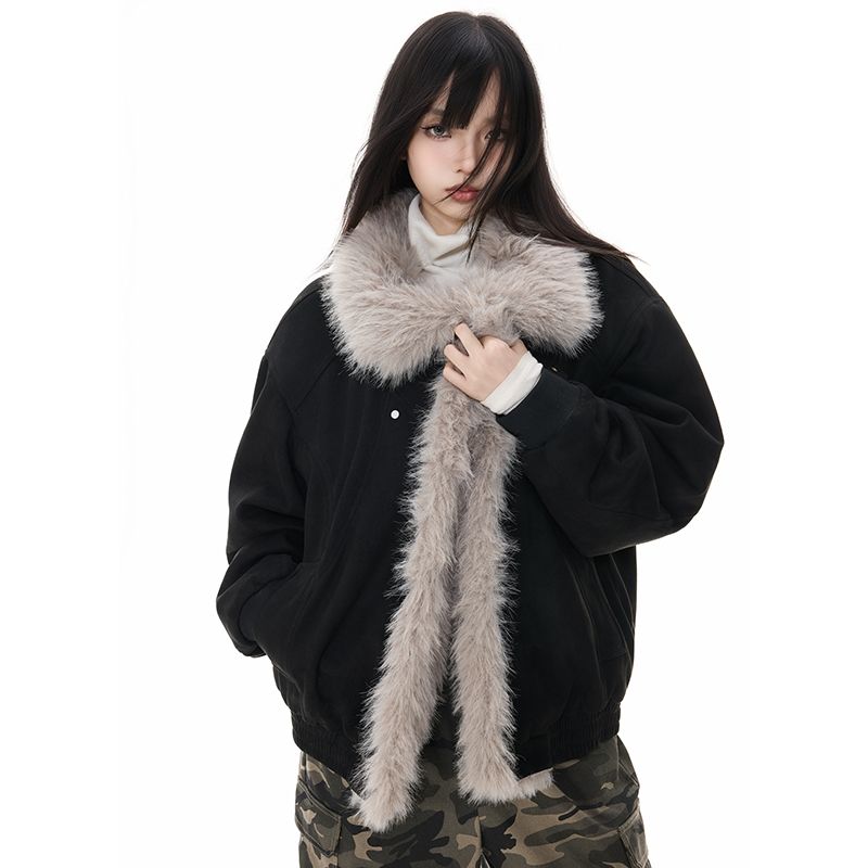 座山雕美式复古毛领连帽棉服外套男冬季中性高级感加厚毛绒棉衣女