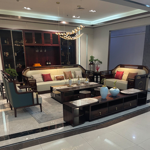 新中式 客厅现代简约高端别墅家具 实木沙发乌金木真皮沙发组合新款