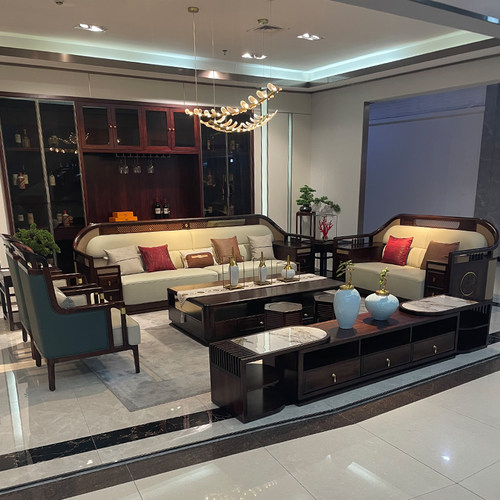 新中式乌金木真皮实木沙发组合