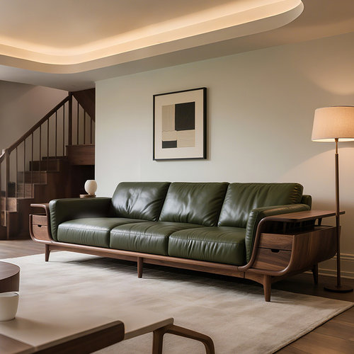 2025新款中古风实木直排真皮沙发