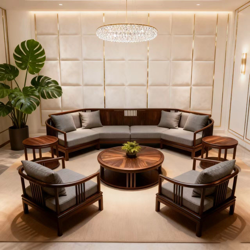 新中式黑胡桃实木沙发组合弧形