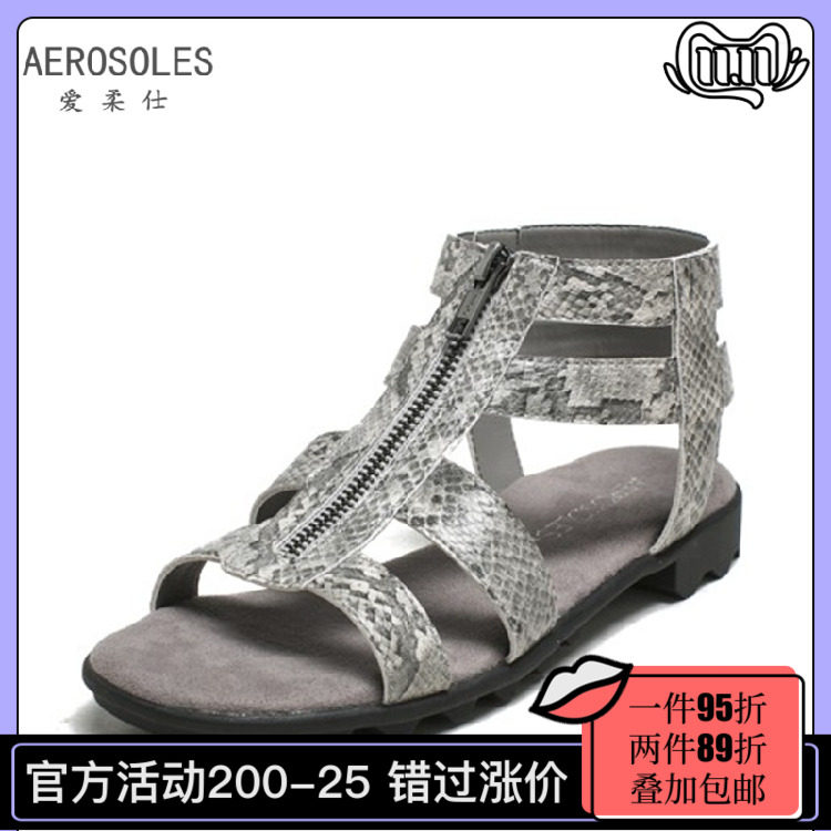 好鞋人家Aerosoles爱柔仕 凉鞋女简约露趾拉链罗马鞋平底百搭1916
