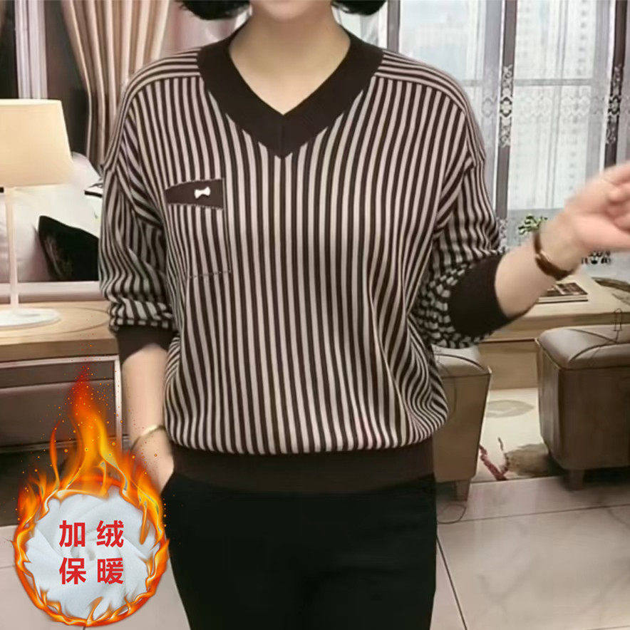 春季爆款中老年妈妈装加绒保暖宽松遮肉百搭条纹大码气质长袖上衣,女装/女士精品,中老年女装,淘宝优惠券,粉丝福利购,淘宝优惠卷