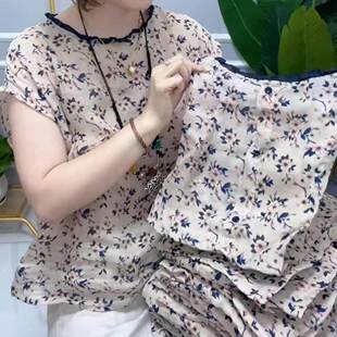 遮肉显瘦休闲纽扣印花落肩袖 百搭圆领妈妈小衫 上衣 国风时尚 新中式