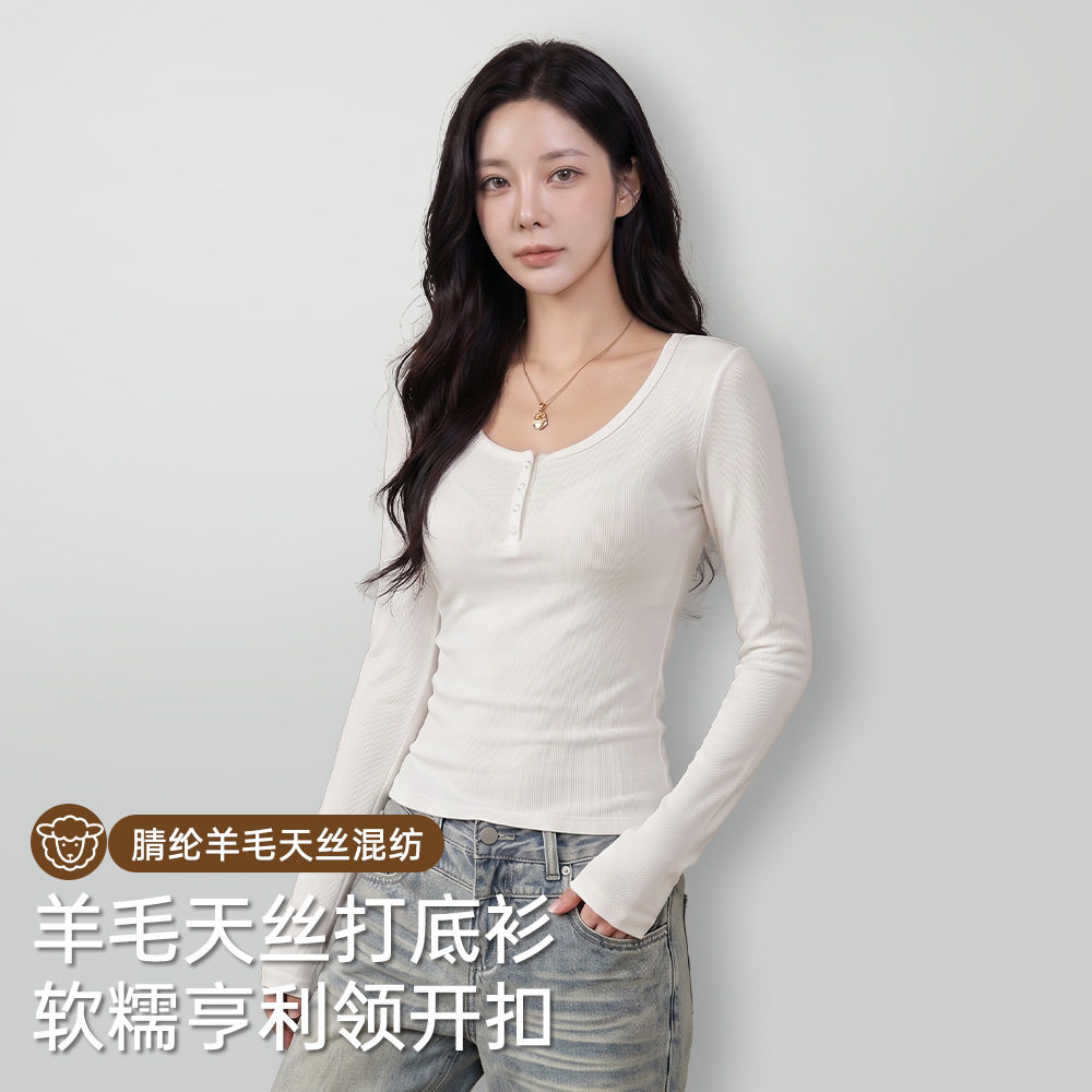 羊毛亨利领女士抗菌开扣长袖T恤