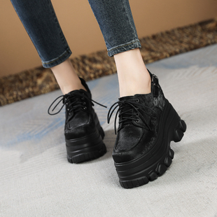 小个子真皮单鞋 坡高跟休闲乐福鞋 女春秋厚底松糕鞋 12cm内增高女鞋