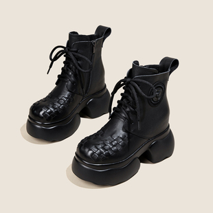 10cm厘米厚底松糕短靴真皮女鞋高跟单鞋百搭头层牛皮内增高马丁靴