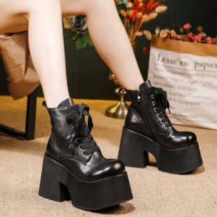 10CM高跟短靴女2026秋冬新款 真皮粗跟松糕厚底马丁靴 头层牛皮单鞋