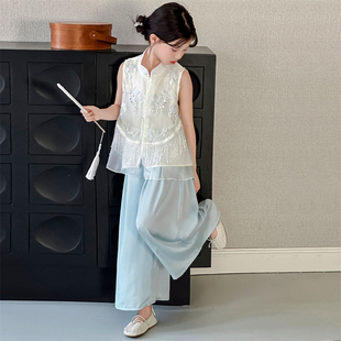 女童夏季新中式套装2026新款洋气国风无袖上衣大童夏款宽松裤子