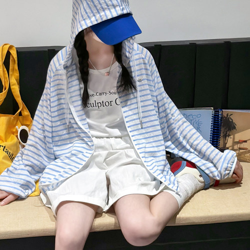 女童连帽条纹轻薄冰凉防晒衣外套