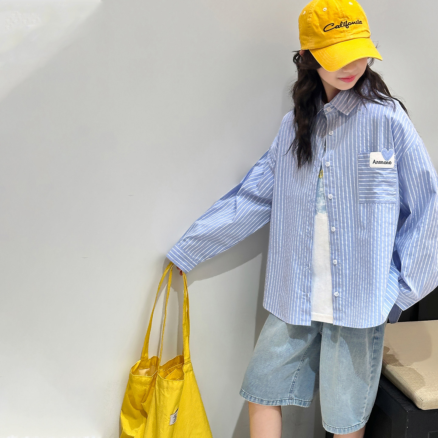 女童条纹衬衫2026夏季新款韩范宽松开衫休闲百搭长袖韩系上衣外套