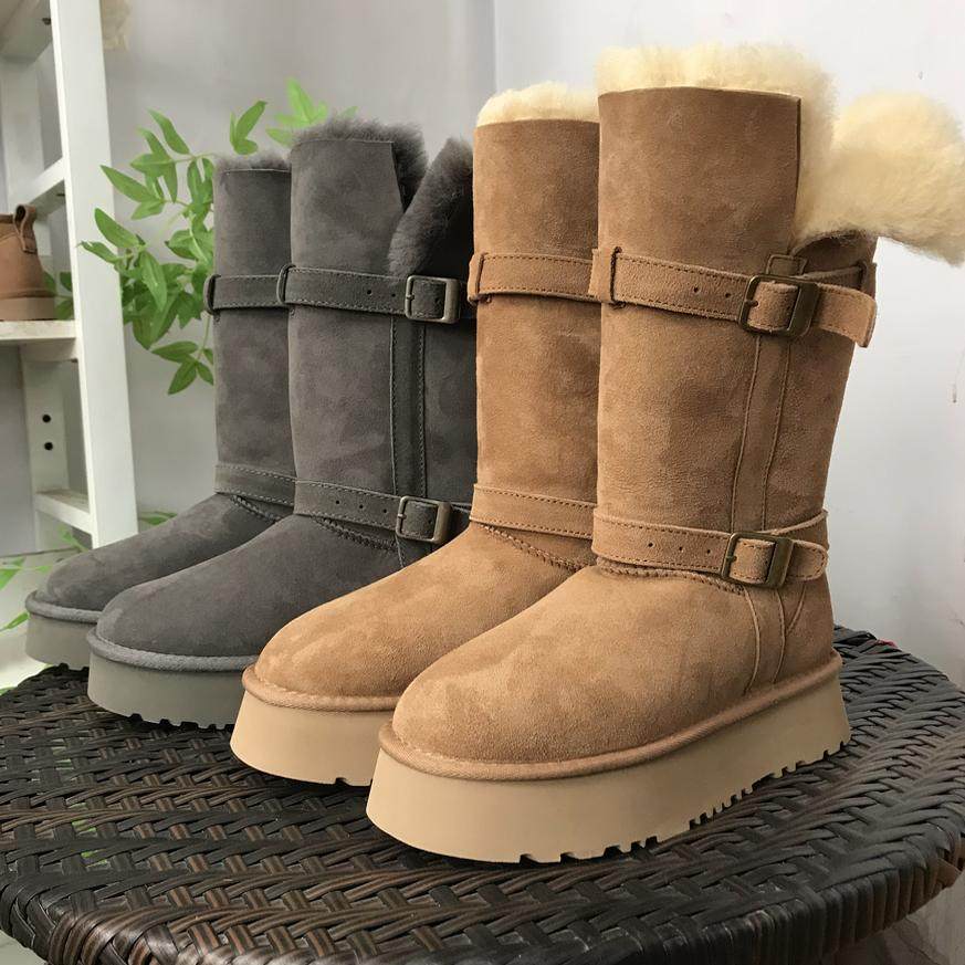 【高筒】真皮羊皮毛一体毛毛鞋翻领两穿骑士不过膝皮带扣雪地靴,女鞋,时尚雪地靴,淘宝优惠券,粉丝福利购,淘宝优惠卷