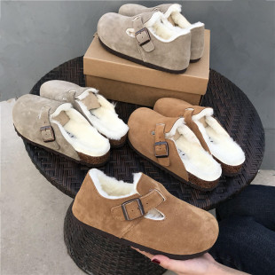 真皮软木厚底勃肯鞋女鞋包头半拖2023新款秋冬加绒bk博肯拖鞋全包