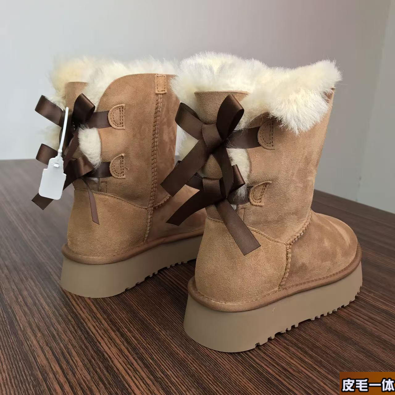 【双丝带-厚底】真皮羊皮毛一体雪地靴女款厚底冬季加绒加厚