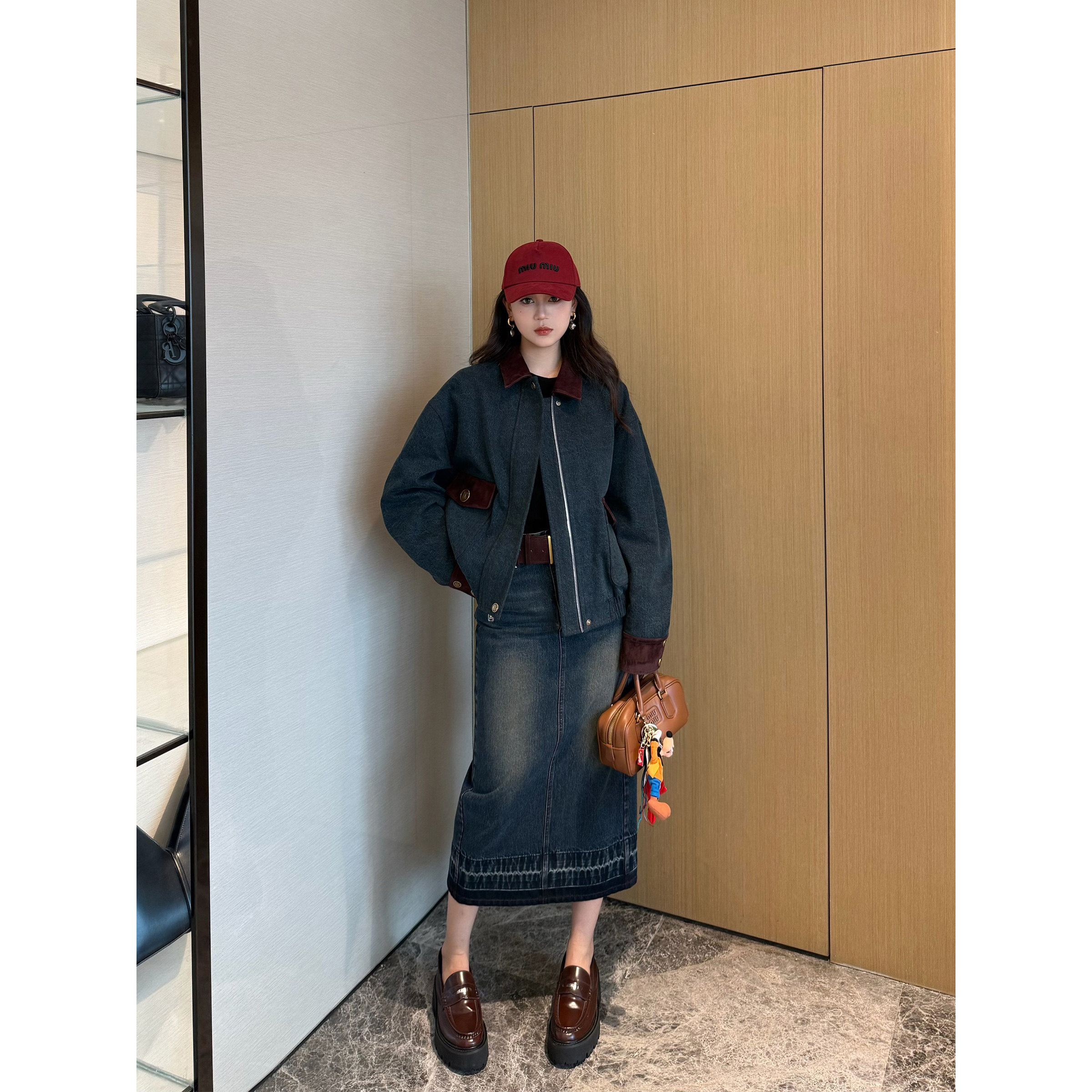 NancyCavally专柜款重磅水洗丹宁牛仔 真皮拼色牛仔外套/半裙套装