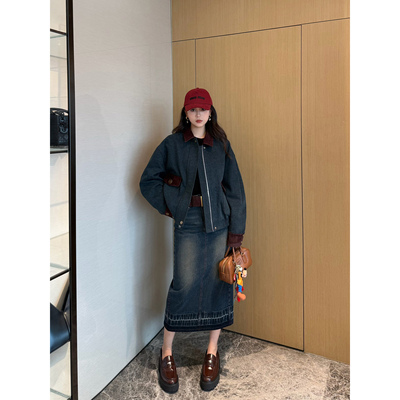 NancyCavally真皮拼色牛仔套装