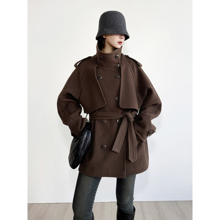 NancyCavally专柜款双面立绒90s澳毛/桑蚕丝气质烟囱领双面呢外套