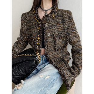 NancyCavally专柜款鎏金秘境多色纱 轻奢手工陶瓷珠镶边小香外套