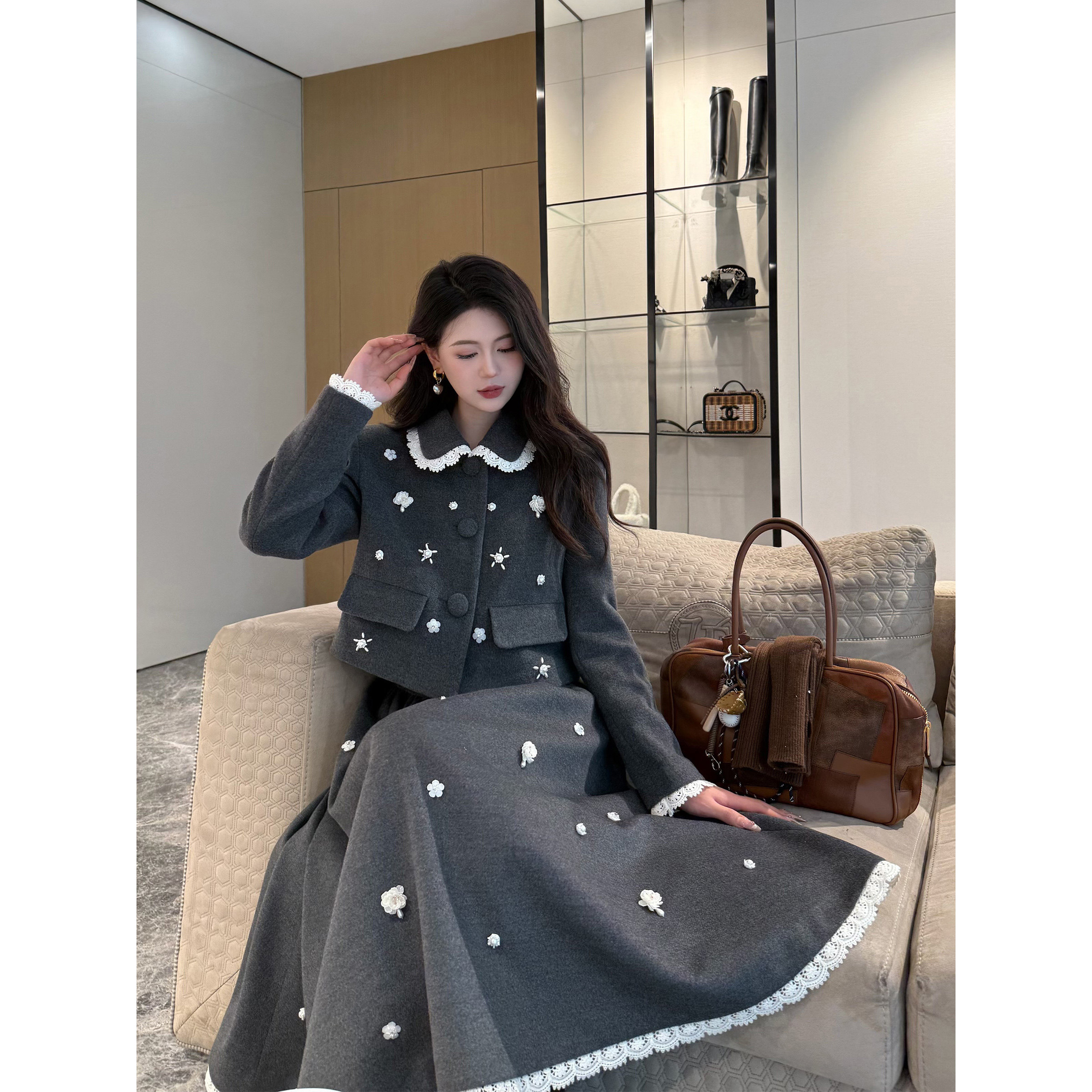 NancyCavally专柜款高密100S羊毛 手工订珠花毛呢外套/半裙套装,女装/女士精品,时尚套装,淘宝优惠券,粉丝福利购,淘宝优惠卷