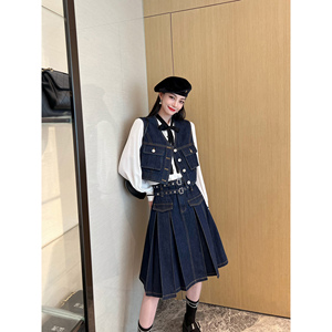 NancyCavally重磅赛络纺牛仔 撞色线立体口袋马甲/双腰头压褶半裙