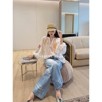 NancyCavally专柜款悬垂柔软天丝/苎麻 精致立体繁花刺绣V领衬衫