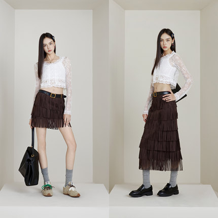 NancyCavally专柜款软糯仿羊皮双面绒 摇曳灵动瀑布流苏长/短半裙