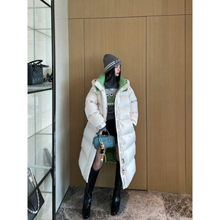 NancyCavally专柜款御寒大棉被95白鹅绒 撞色可拆帽长款羽绒服