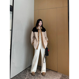 NancyCavally专柜款黄金比例羊绒/羊毛 拼色廓形双面呢衬衫式外套