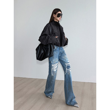 NancyCavally专柜款重磅水洗牛仔棉 街头感墨染破洞直筒牛仔裤