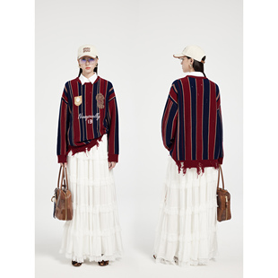 NancyCavally专柜款云感100羊毛 美式原创德芙毛边条纹针织毛衣