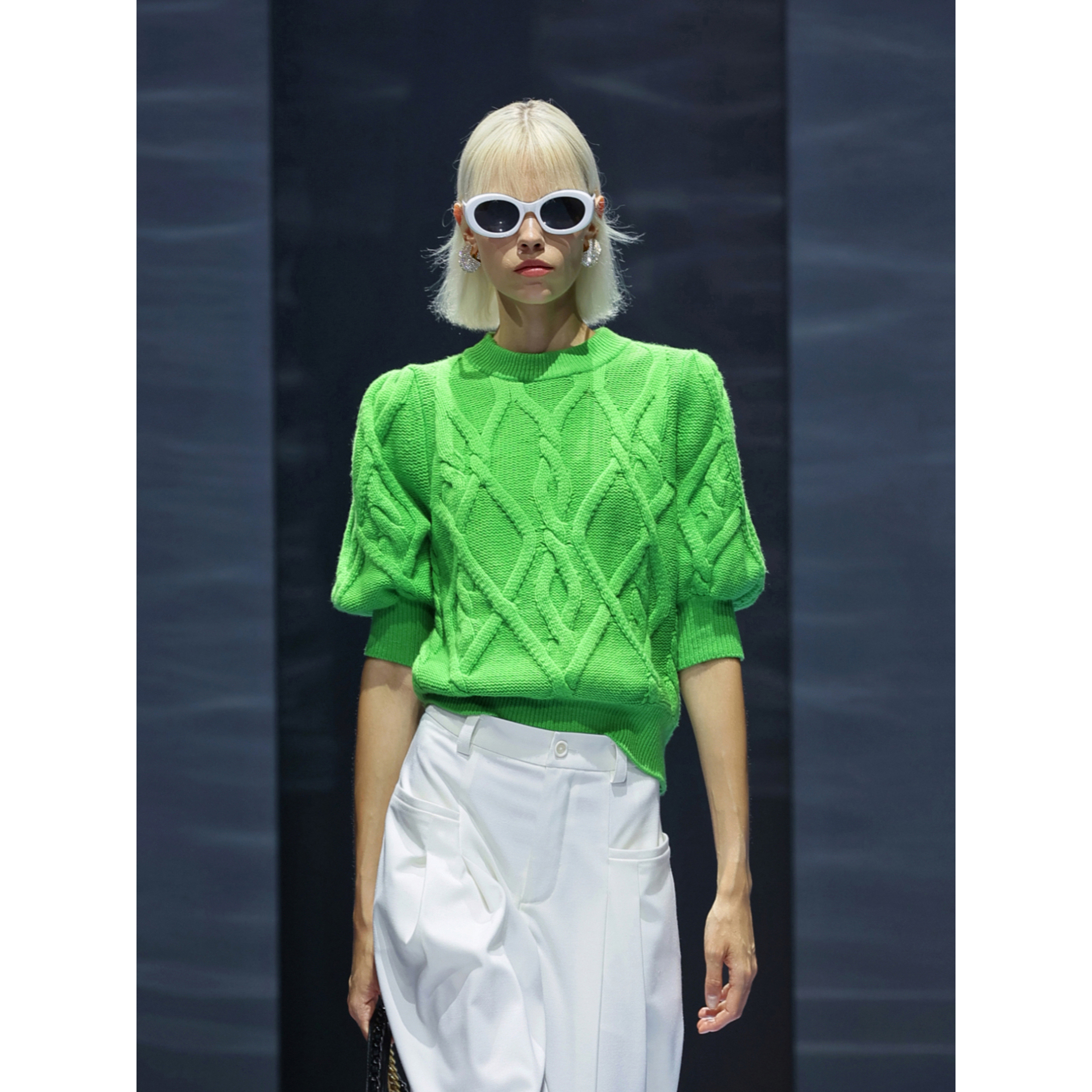 NancyCavally进口机织工艺 100羊毛 慵懒风麻花泡泡短袖针织毛衣