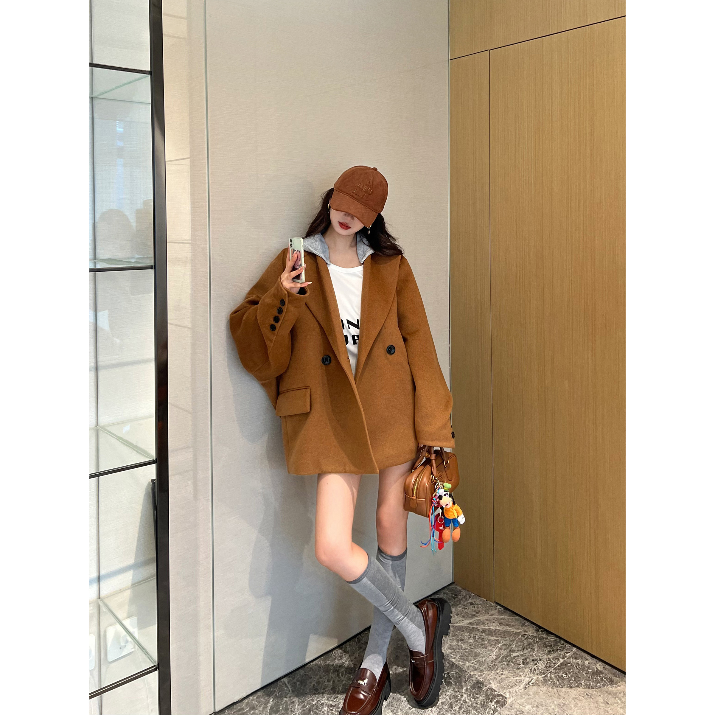 NancyCavally专柜款Super110S颗粒羊毛 撞色连帽大廓形毛呢外套