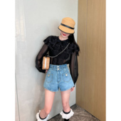 NancyCavally凹造型神裤 复古扣畔双腰头翘臀显腿长微a牛仔短裤