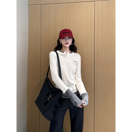 NancyCavally专柜款柔软松弹羊毛 美式撞色拼接假两件针织打底衫