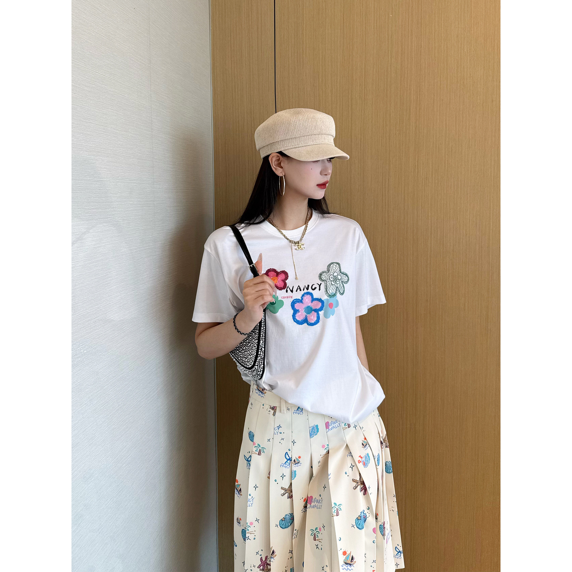 NancyCavally专柜款柔滑垂顺乱麻捻纱 趣味海岛风度假压褶半身裙