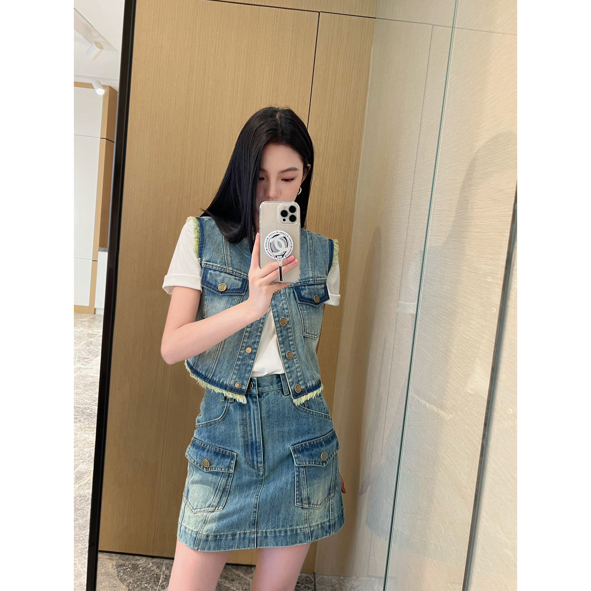 NancyCavally专柜款高端竹节棉  复古摩登撞色双压线微A牛仔短裙