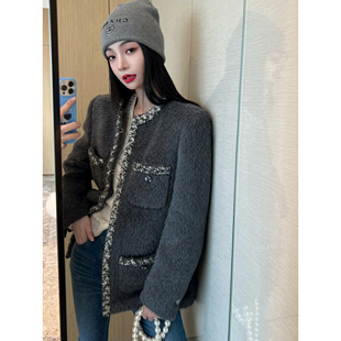 NancyCavally重工系列 奢选稀有长毛苏力绒云柔银闪镶边香风外套